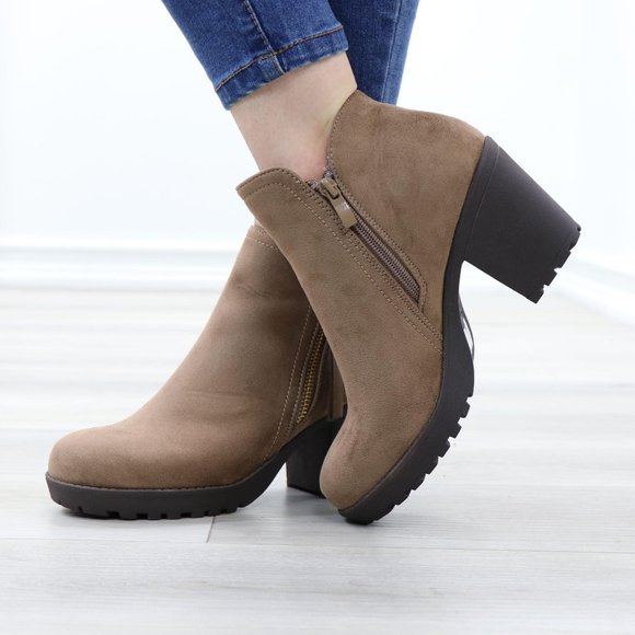 Taupe Suede Lug Chunky Heel Ankle Boots - Picture 11 of 12